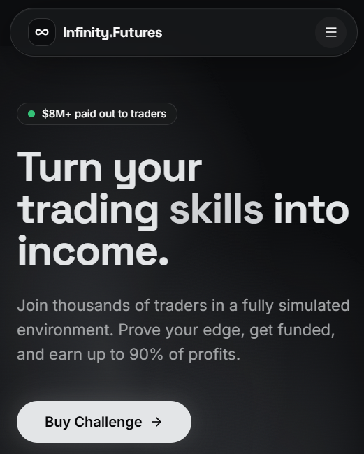 Infinity Futures landing page on mobile